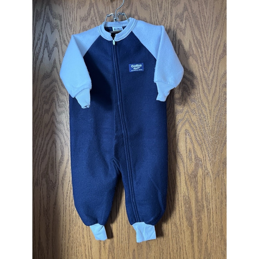 Vtg NEW OshKosh B'gosh Kids Fleece Pajamas Sleeper Navy & Grey 2T